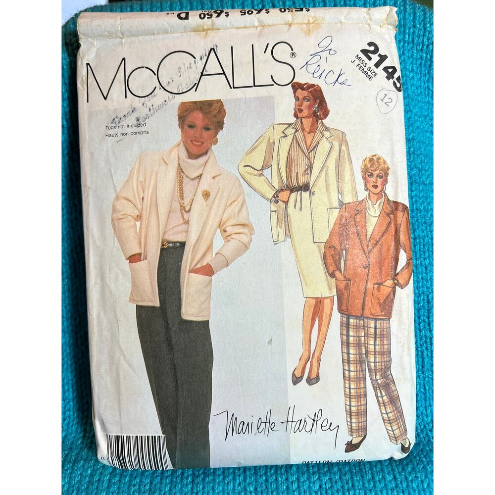 McCalls 2145 boxy blazer pants pencil skirt suit 1980s pattern sz 12